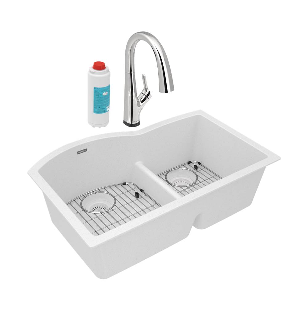 Elkay Quartz Classic 33'' x 22'' x 10'', Offset 60/40 Double Bowl Undermount Sink Kit with Filtered Faucet with Aqua Divide, White