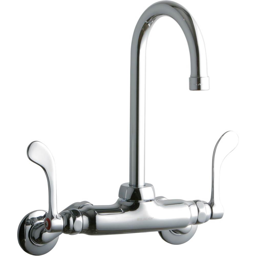 Elkay Foodservice 3-8'' Adjustable Centers Wall Mount Faucet w/5'' Gooseneck Spout 4'' Wristblade Handles 2in Inlet