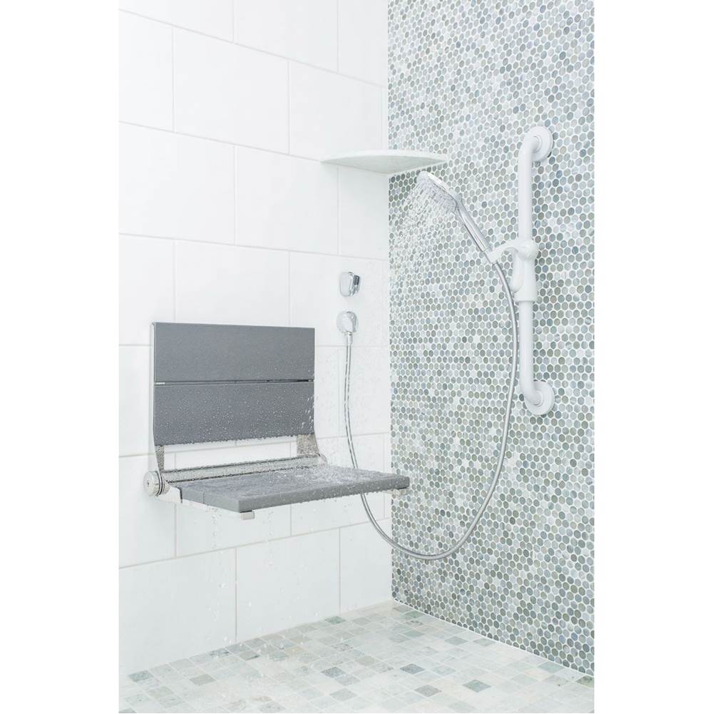 Health at Home 18'' Gray seat - Polished SS frame, fold-up shower seat with mounting screws. Must secure to bloc