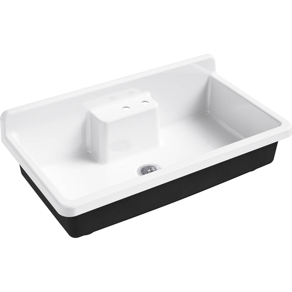 Kohler Farmstead® 45'' x 25'' x 9'' top-mount/wall-mount workstation kitchen sink with two faucet holes, black underside