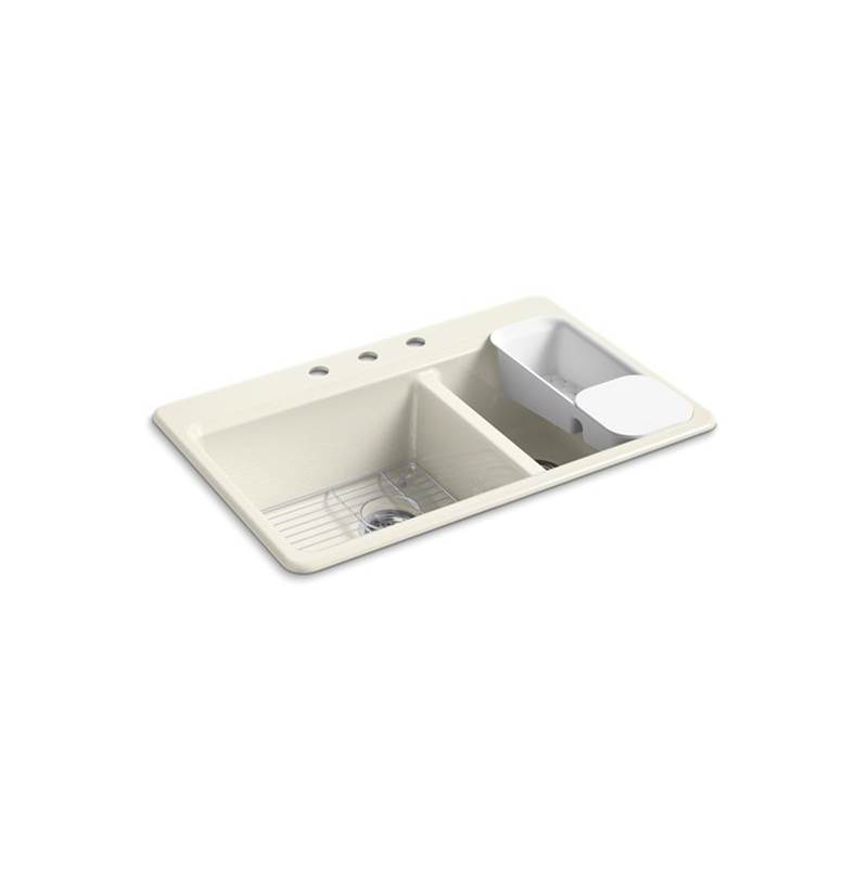 Kohler Riverby® 33'' x 22'' x 9-5/8'' top-mount large/medium double-bowl workstation kitchen sink with accessories and 3 faucet holes
