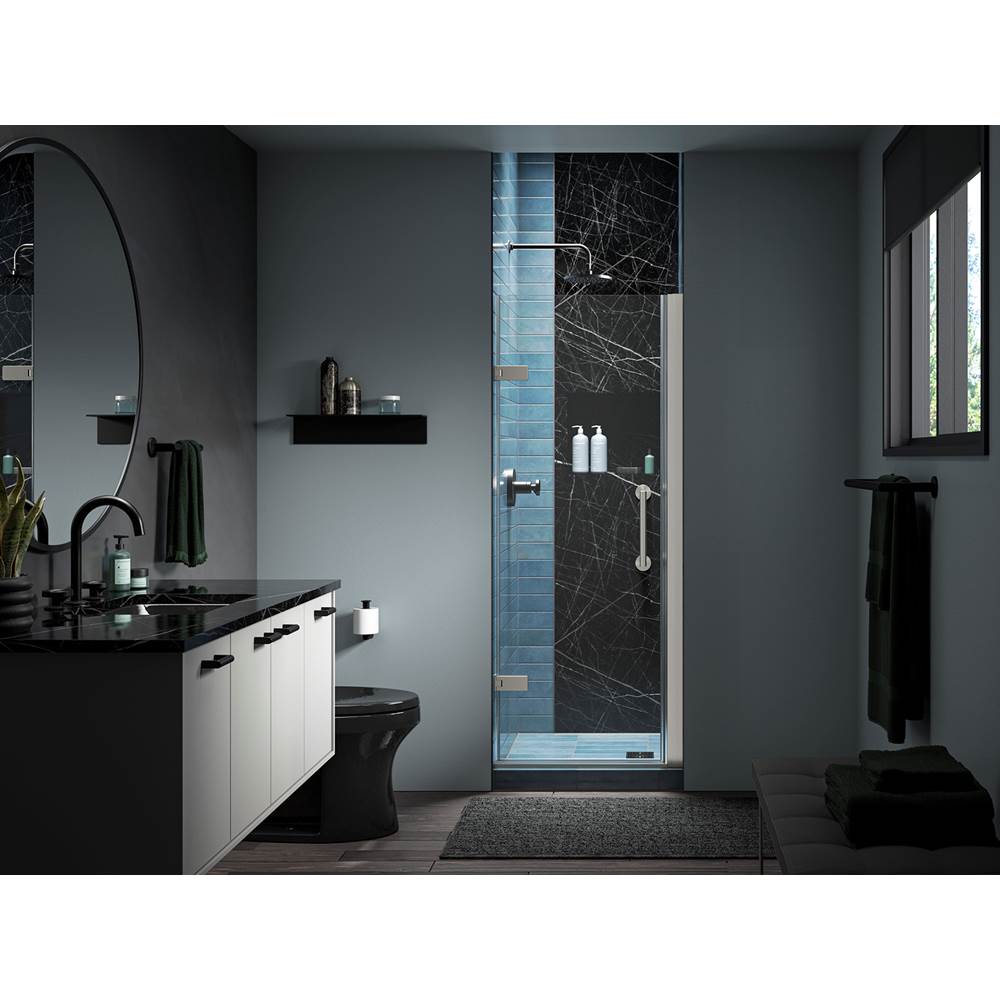 Kohler Components™ Frameless pivot shower door, 71-5/8'' H x 27-5/8 - 28-3/8'' W, with 3/8'' thick Crystal Clear glass