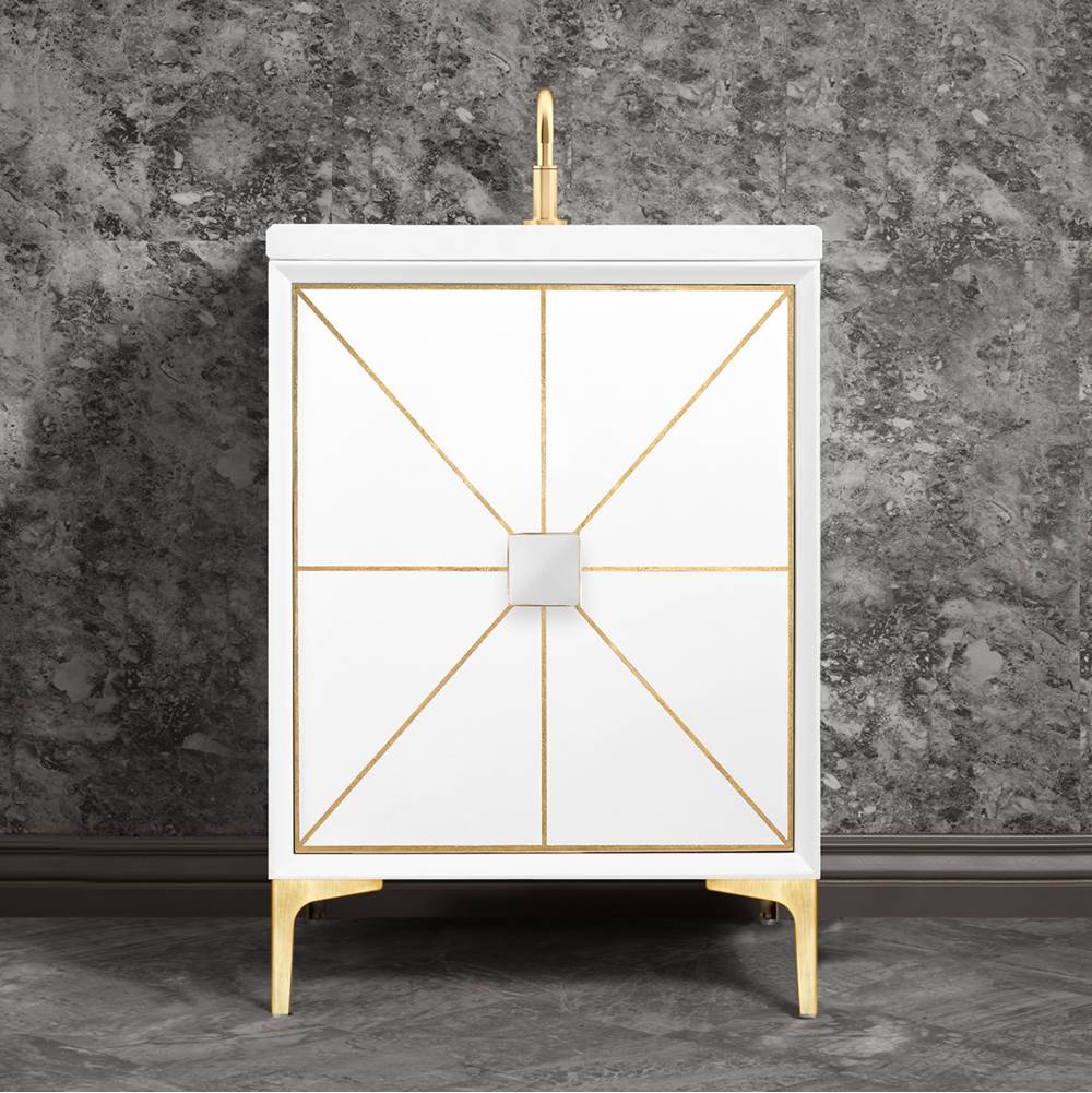 Linkasink Divergence with 3'' Artisan Glass Prism, 24'' Wide Vanity, White, Satin Brass Hardware with White Glass, 24'' x 22'' x 33.5'' (without vanity top)