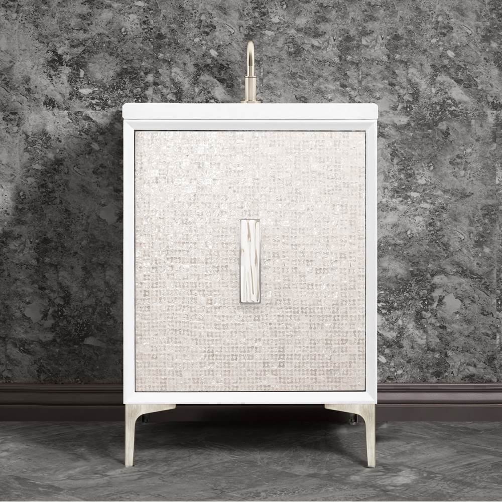 Linkasink MOTHER OF PEARL with 8'' Artisan Glass Prism Hardware 24'' Wide Vanity, White, Satin Nickel Hardware, 24'' x 22'' x 33.5'' (without vanity top)