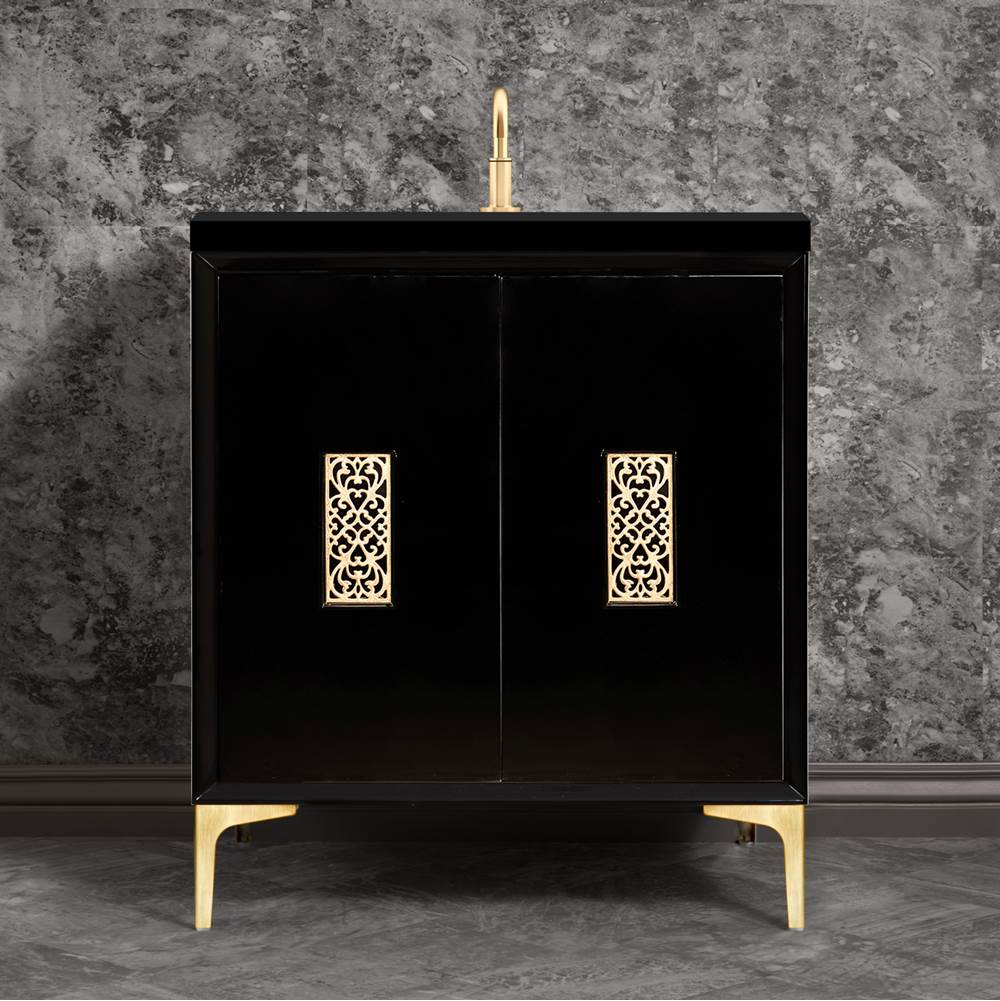 Linkasink Frame 30'' Wide Black Vanity with Satin Brass Filigree Grate and Legs, 30'' x 22'' x 33.5'' (without vanity top)