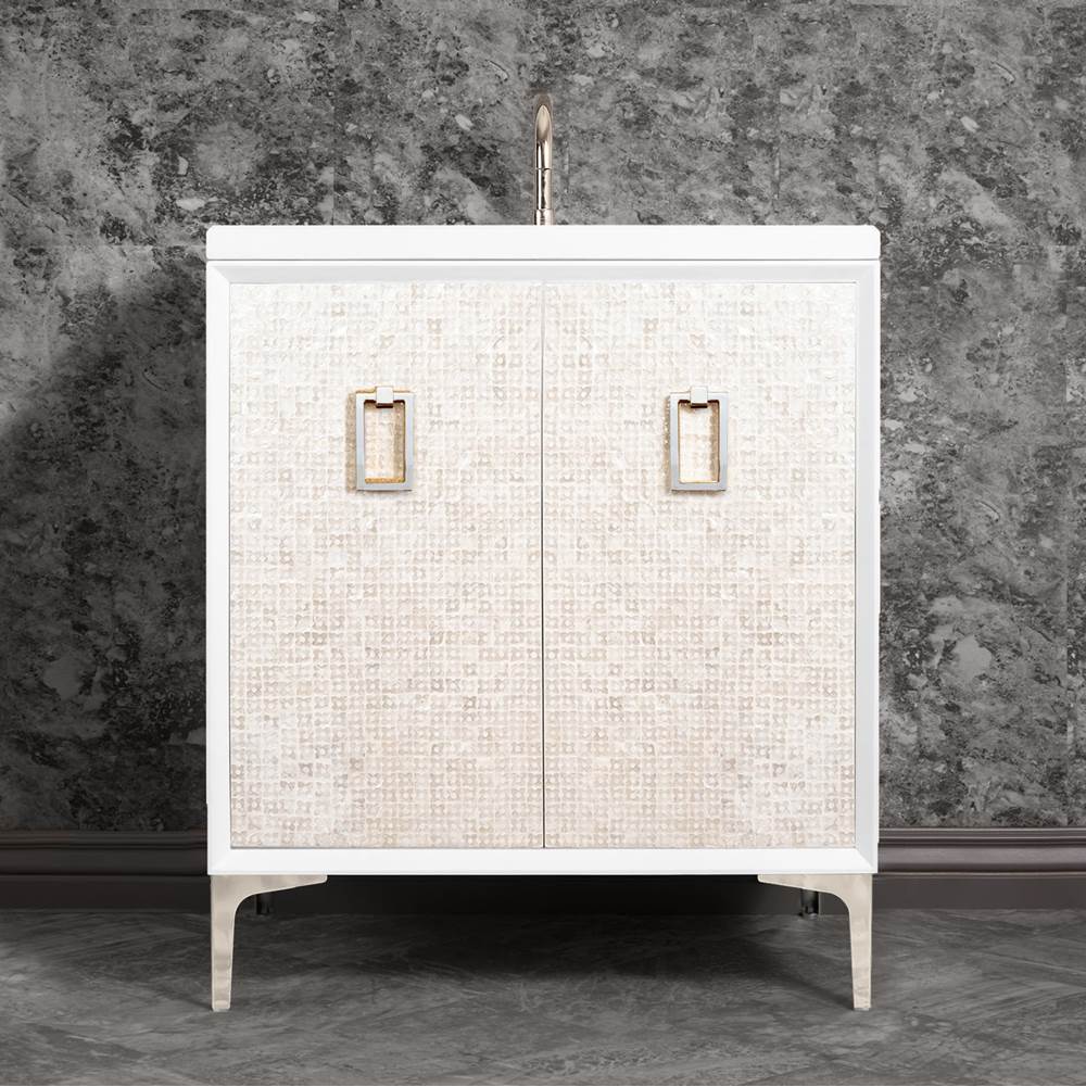 Linkasink Mother of Pearl 30'' Wide White Vanity with Polished Nickel Coach Pull and Hardware