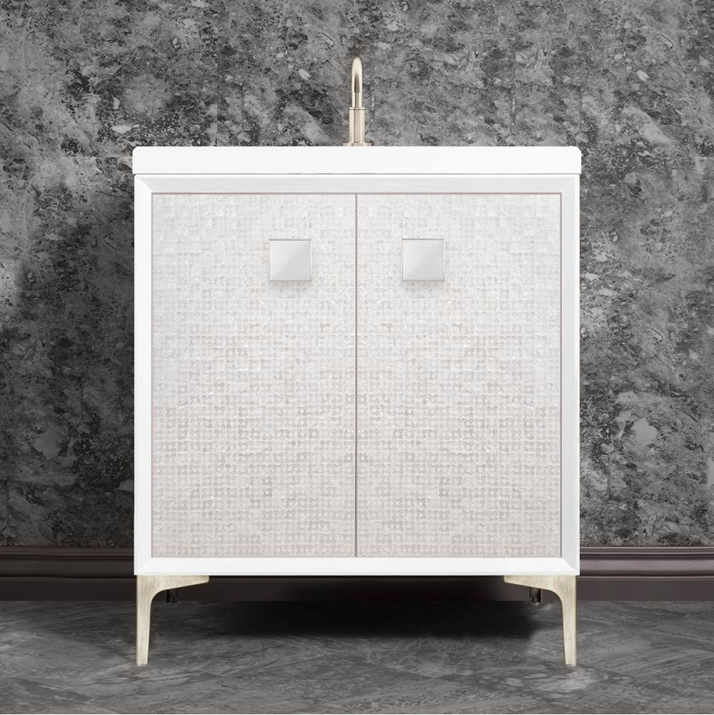Linkasink MOTHER OF PEARL with 3'' Artisan Glass Prism Hardware 30'' Wide Vanity, White, Satin Nickel Hardware, 30'' x 22'' x 33.5'' (without vanity top)