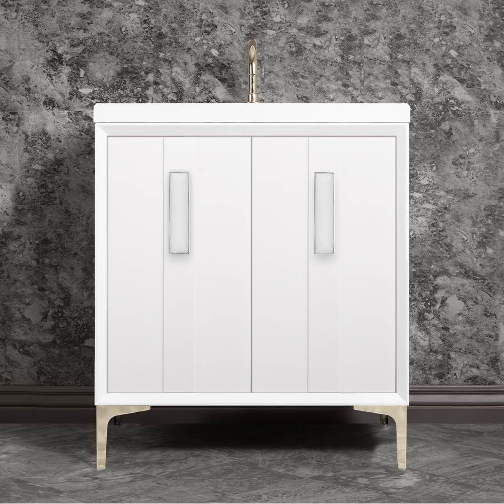 Linkasink TUXEDO with 8'' Artisan Glass Prism Hardware 30'' Wide Vanity, White, Polished Nickel Hardware, 30'' x 22'' x 33.5'' (without vanity top)