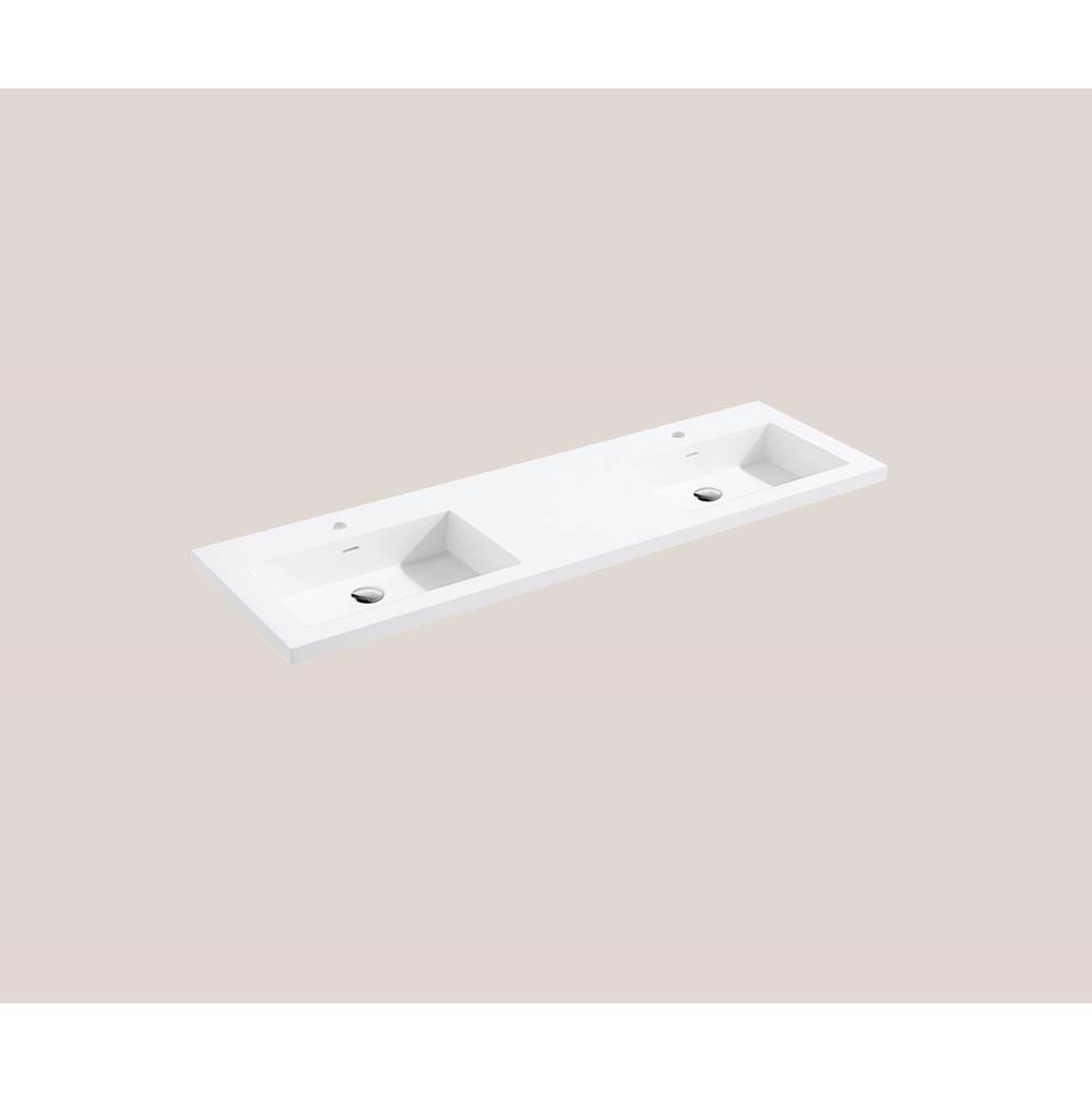 Madeli Urban-18 60''W Solid Surface, Top/Basin. Glossy White.2-Bowls, No Faucet Hole. W/Overflow, Basin Depth: 5-3/4'', 59-7/8'' X 18-1/8'' X 1-1/2''