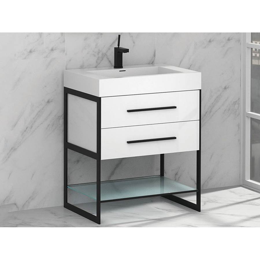 Madeli Silhouette 24''. White, Free Standing Cabinet, Polished Chrome H-Legs (X2) /, Handles (X2) / Glass Shelf (X1), 23-1/4'' X 22'' X 33''