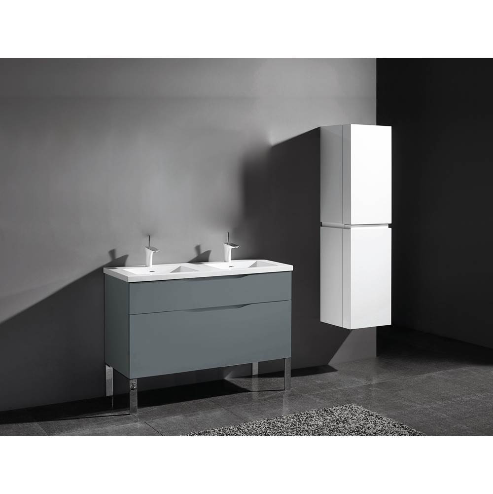 Madeli Milano 48''. Studio Grey, Free Standing Cabinet. 2-Bowls, Satin Brass L-Legs (X4), 47-5/8''X18''X33-1/2''