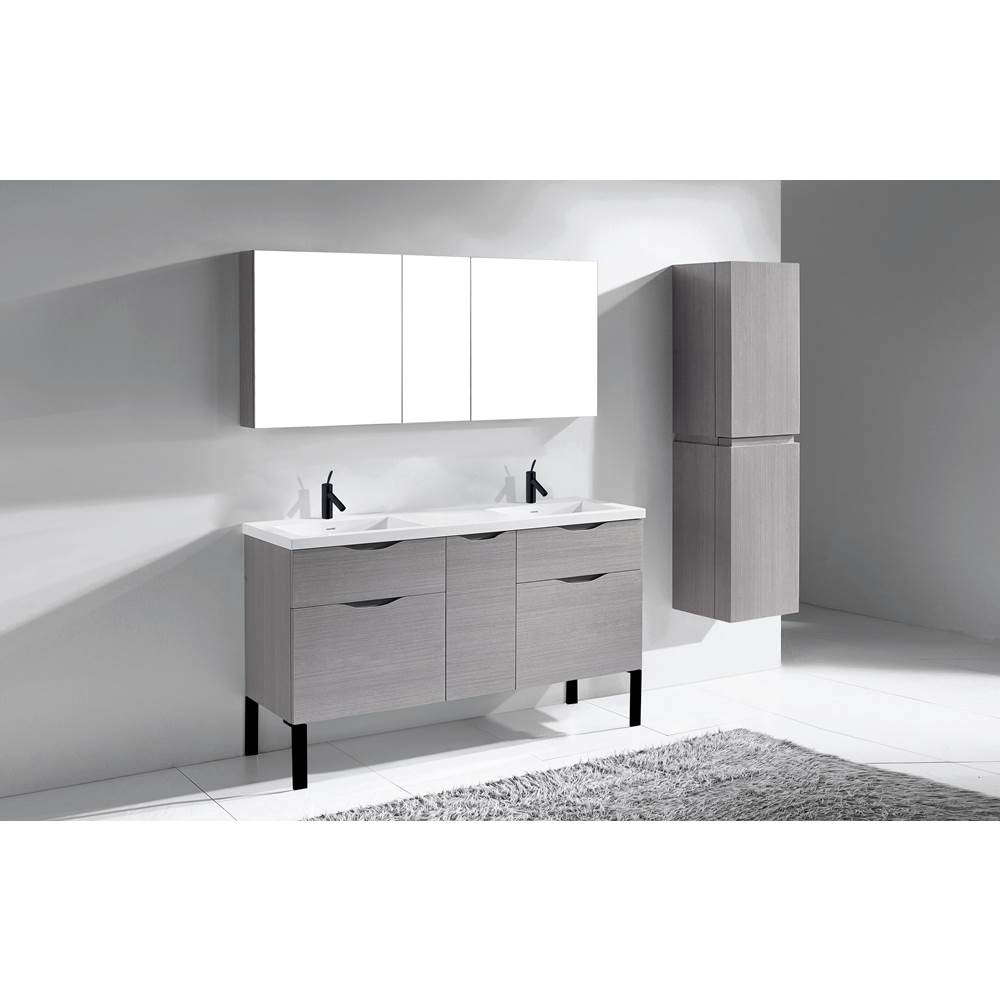 Madeli Milano 60''. Ash Grey, Free Standing Cabinet. 2-Bowls, Brushed Nickel L-Legs (X4), 59-1/4'' X 18'' X 33-1/2''