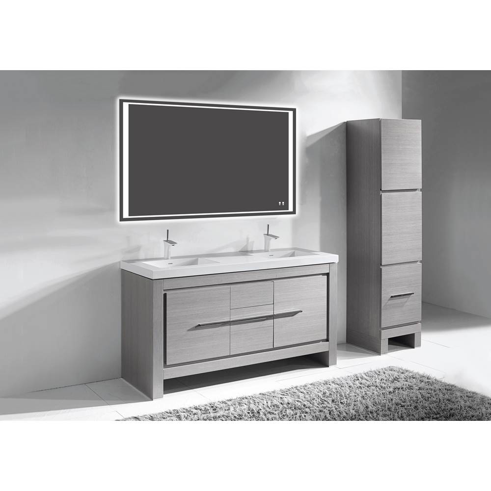 Madeli Vicenza 60''. Ash Grey, Free Standing Cabinet.1 Or 2 Bowls, Brushed Nickel , Handles(X3)/Leg Plates (X2), 59-5/8''X 22''X32-1/16''