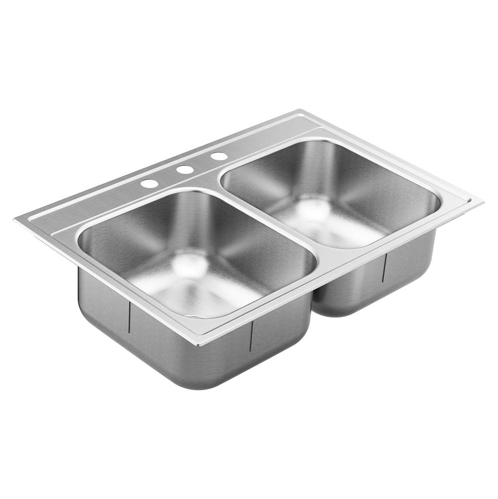 Moen 1800 Series 33-inch 18 Gauge Drop-in Double Bowl Stainless Steel Kitchen Sink, 8-inch Depth Featuring QuickMount