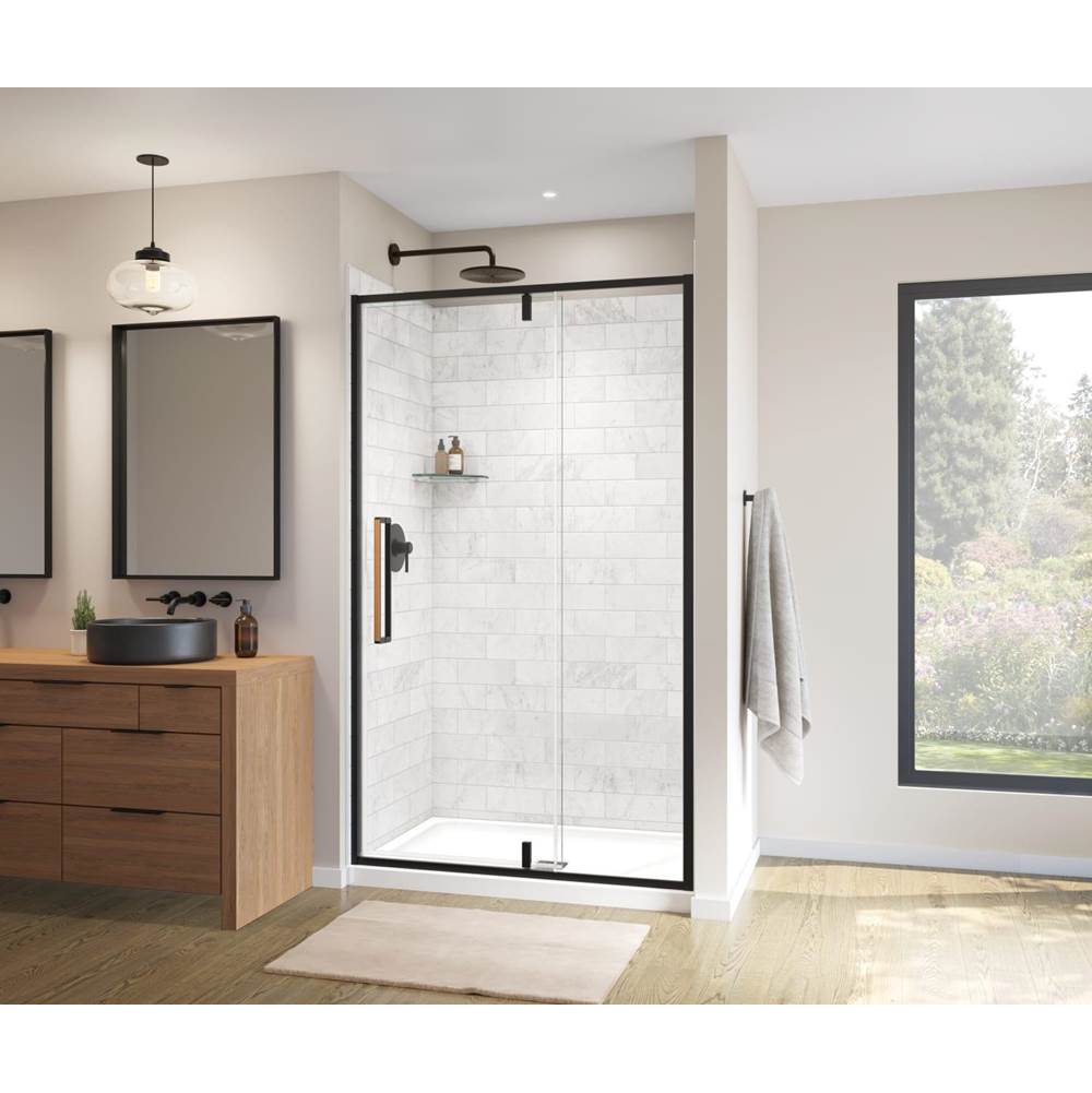 Maax Uptown 45-47 x 76 in. 8 mm Pivot Shower Door for Alcove Installation with Clear glass in Matte Black & Wood