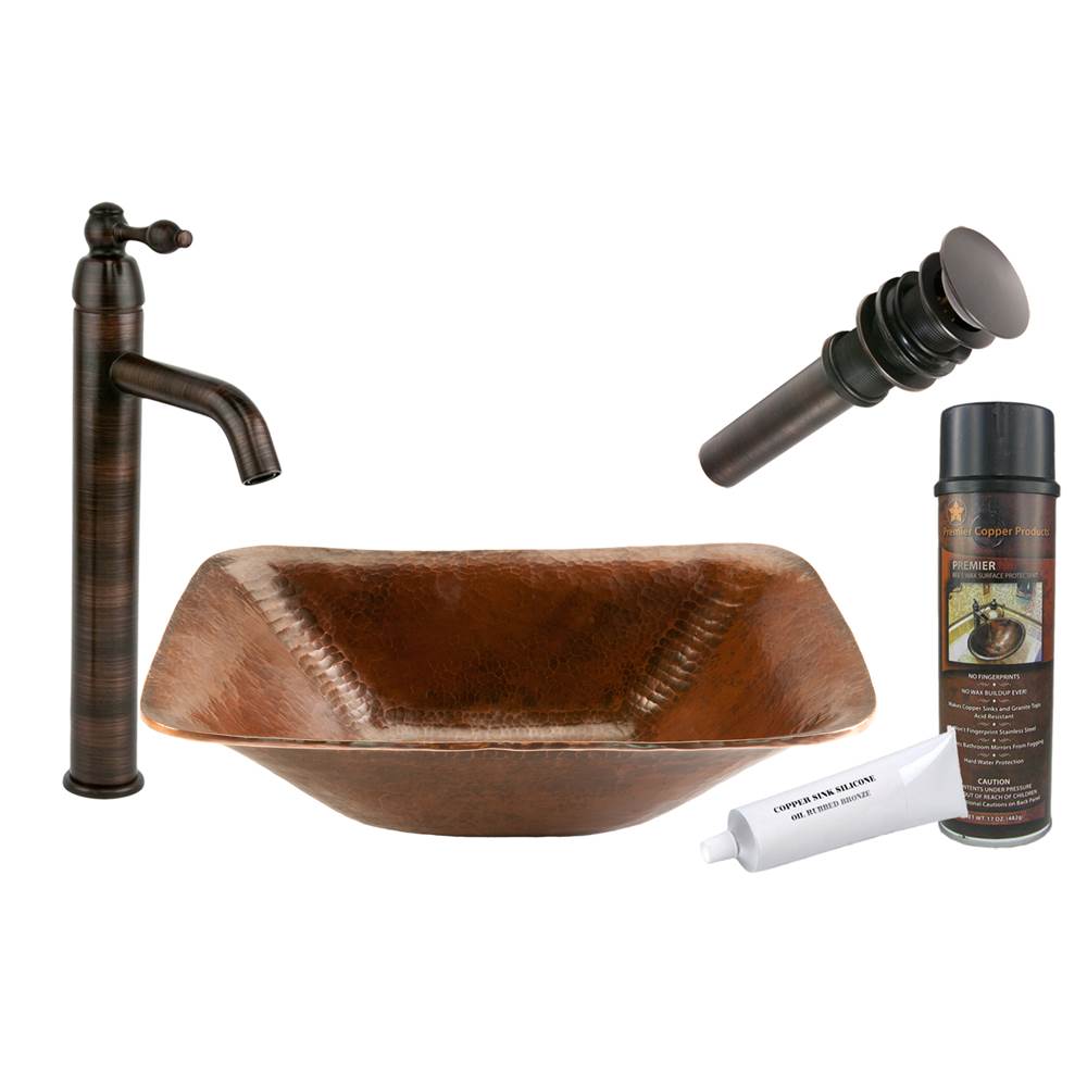 Premier Copper Products Rectangle Hand Forged Old World Copper Vessel Sink with ORB Single Handle Vessel Faucet, Matching Drain and Accessories