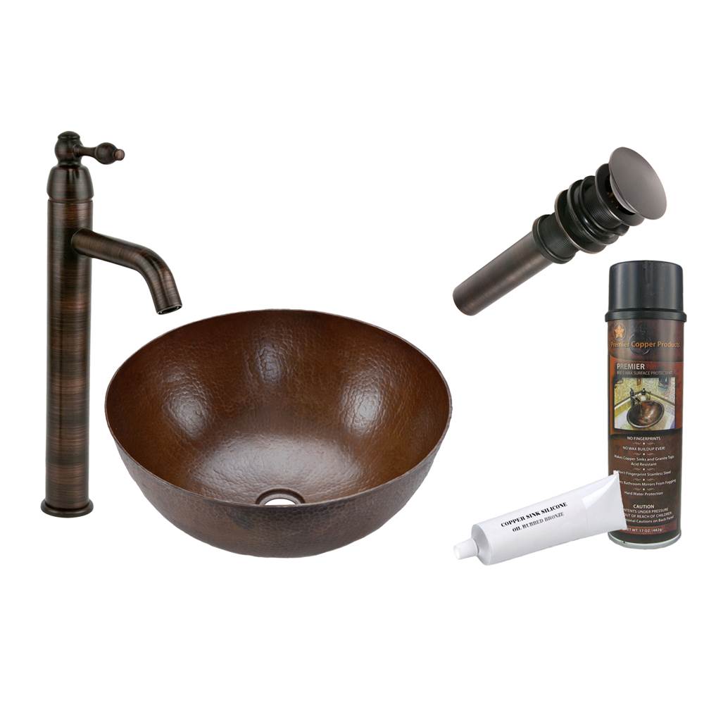 Premier Copper Products Small Round Vessel Hammered Copper Sink with ORB Single Handle Vessel Faucet, Matching Drain and Accessories