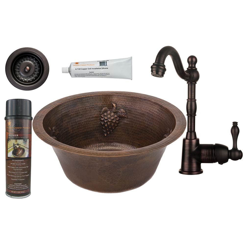 Premier Copper Products 16'' Round Copper Bar/Prep Sink W/ Grapes, ORB Single Handle Bar Faucet, 3.5'' Strainer Drain and Accessories