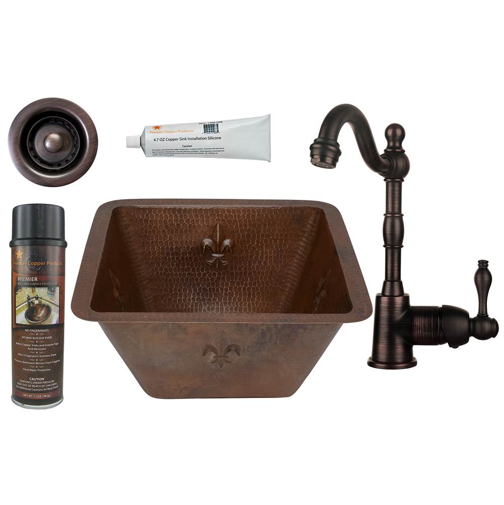 Premier Copper Products 15'' Square Fleur De Lis Copper Bar/Prep Sink, ORB Single Handle Bar Faucet, 2'' Strainer Drain and Accessories