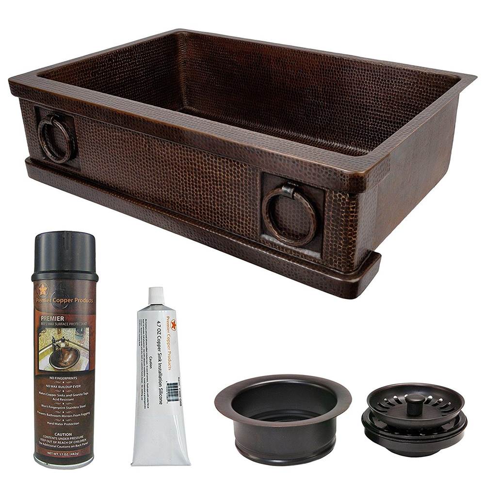 Premier Copper Products 33'' Hammered Copper Kitchen Apron Single Basin Sink w/ Rings with Matching Drain and Accessories