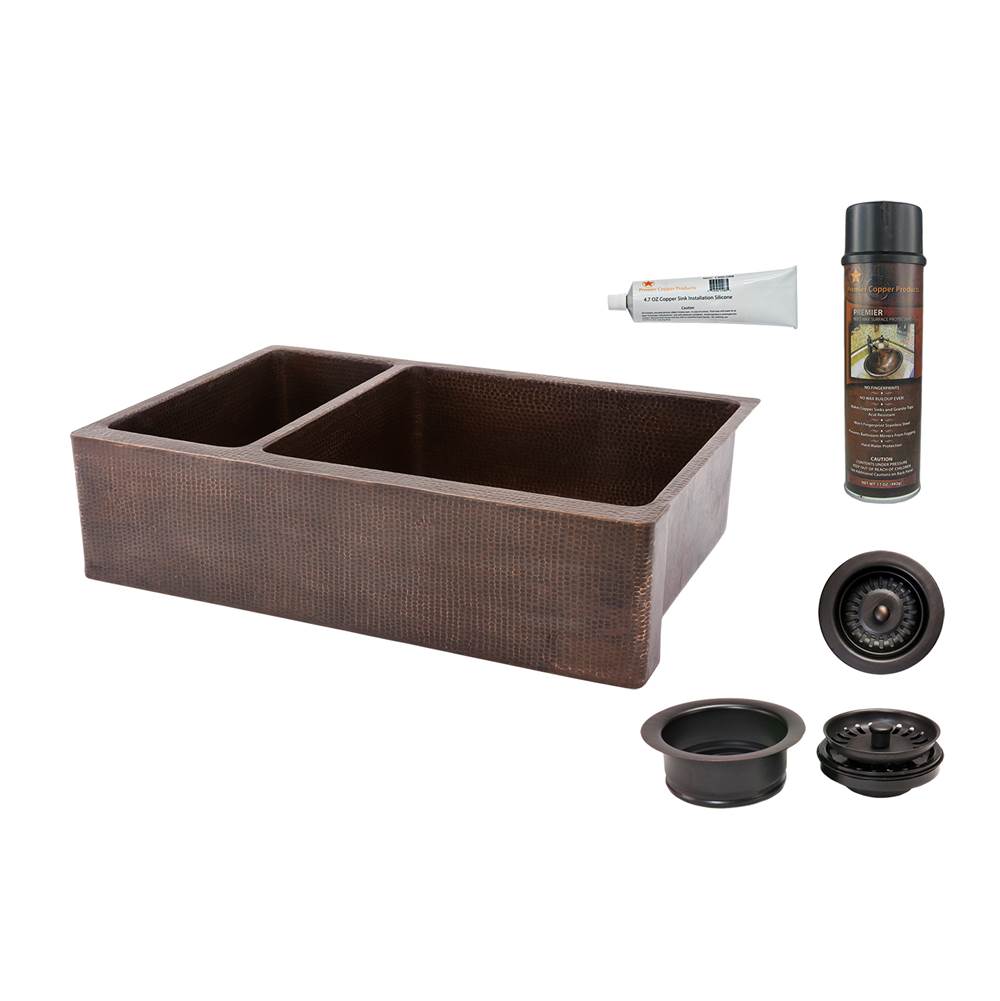 Premier Copper Products 33'' Hammered Copper Kitchen Apron 25/75 Double Basin Sink with Matching Drains, and Accessories