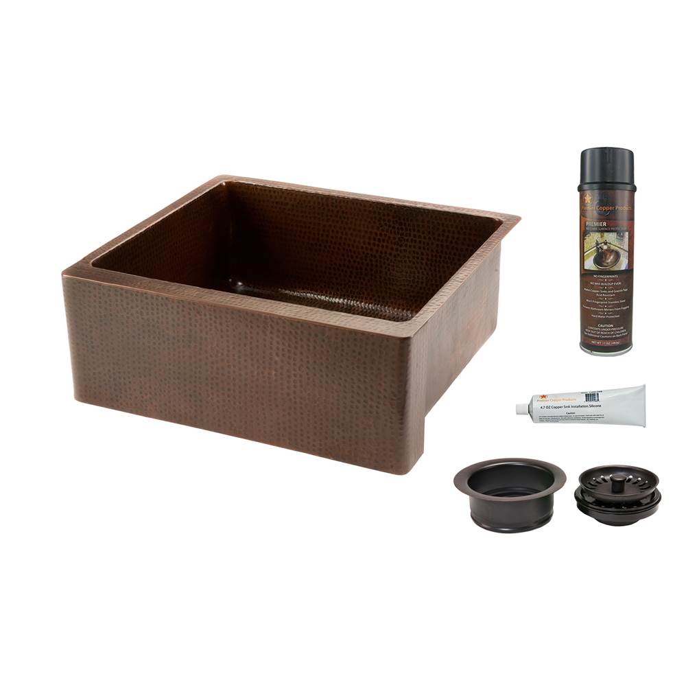 Premier Copper Products 25'' Hammered Copper Kitchen Apron Single Basin Sink with Matching Drain and Accessorie