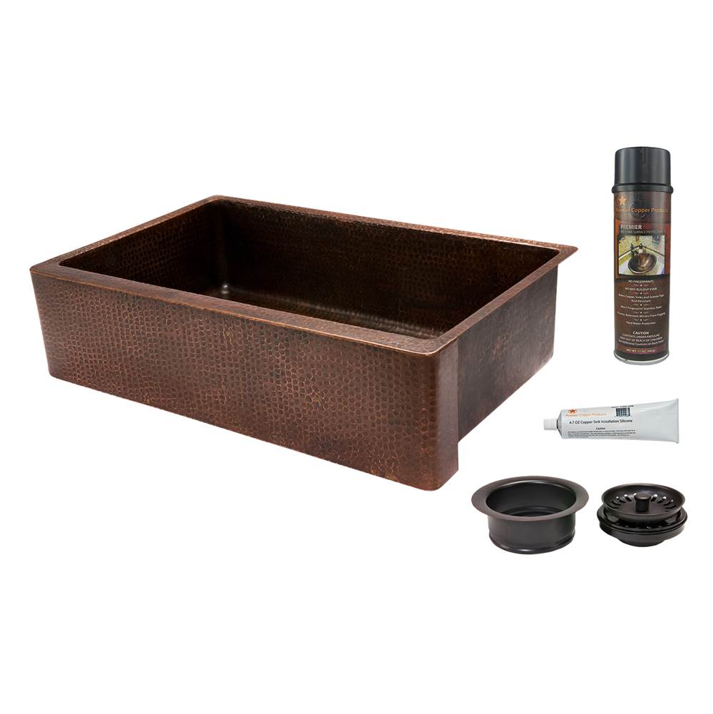 Premier Copper Products 35'' Hammered Copper Kitchen Apron Single Basin Sink with Matching Drain and Accessories