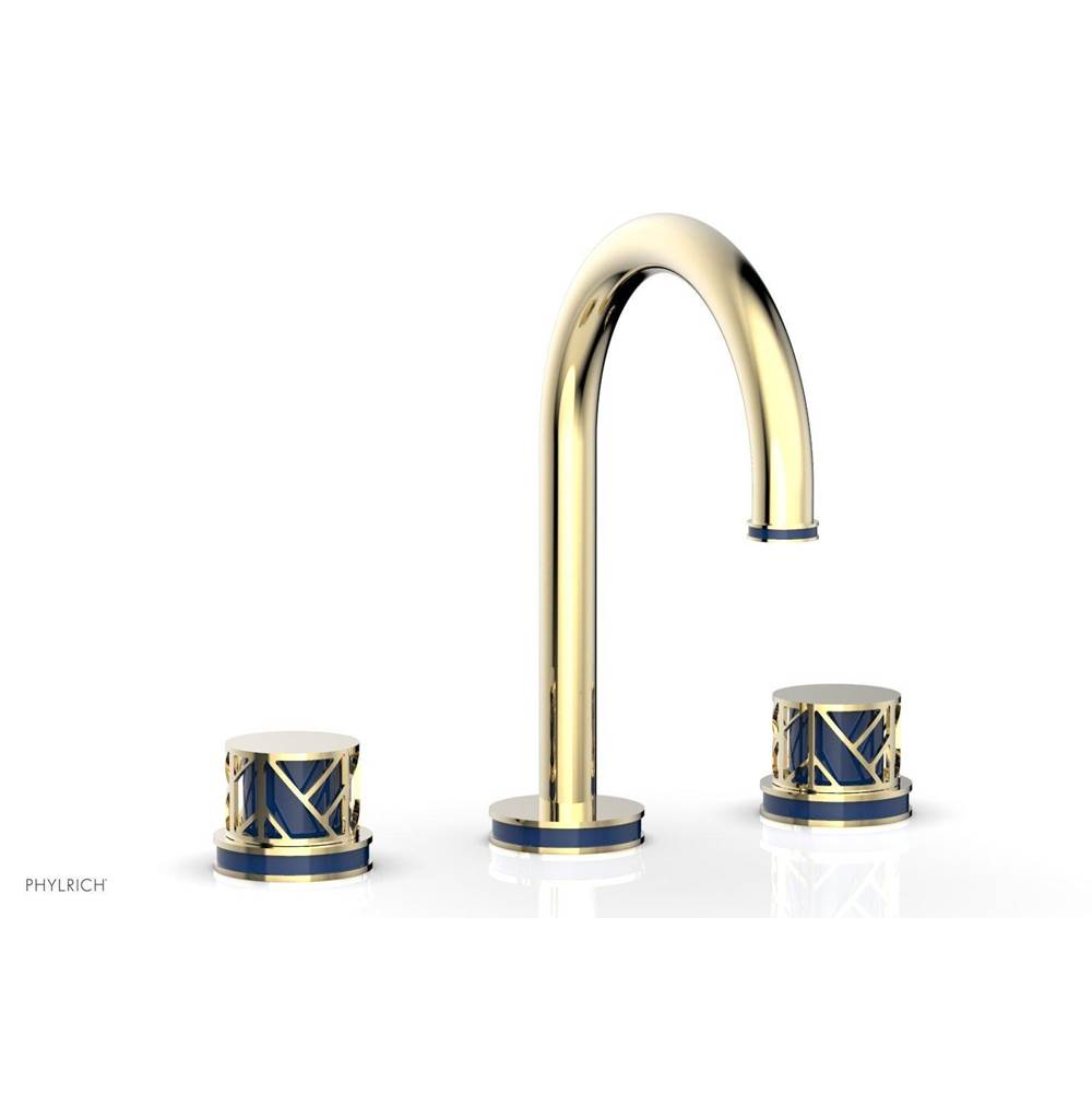 Phylrich Polished Brass Uncoated (Living Finish) Jolie Widespread Lavatory Faucet With Gooseneck Spout, Round Cutaway Handles, And Navy Blue Accents - 1.2GPM