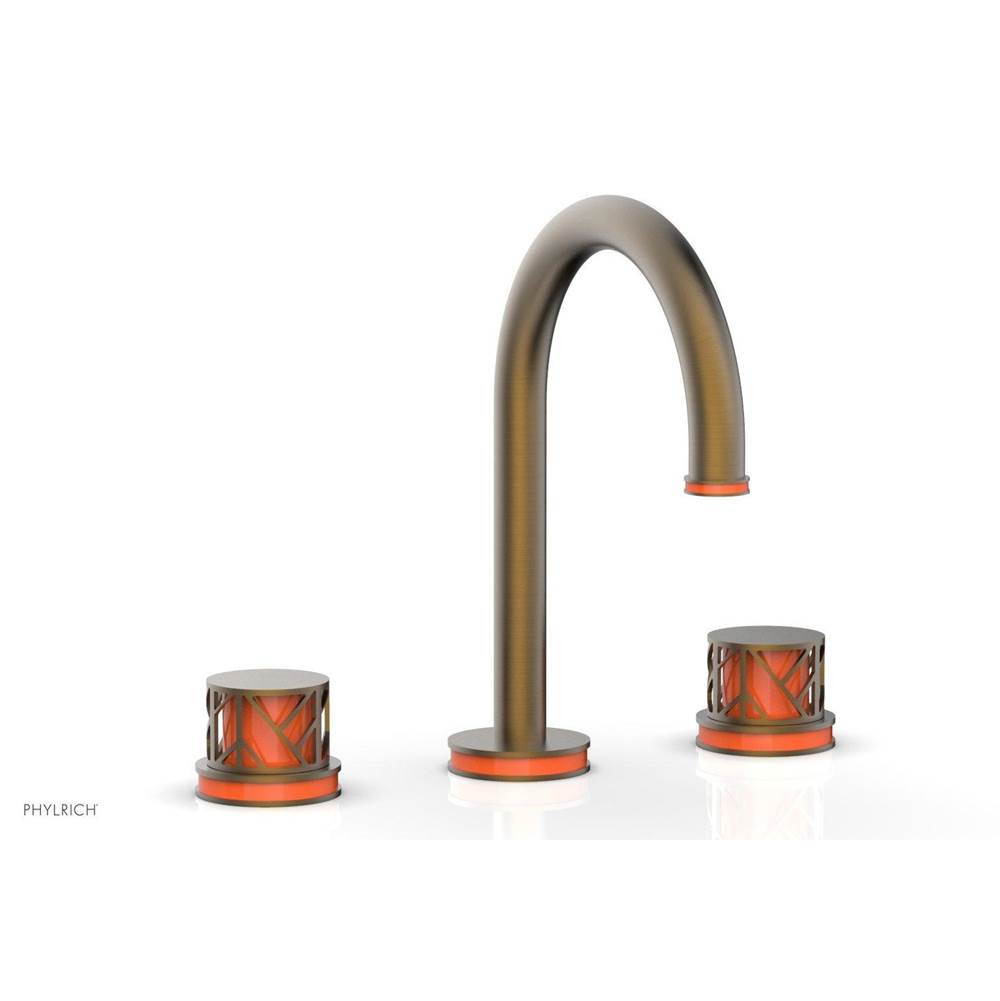 Phylrich Polished Brass Uncoated (Living Finish) Jolie Widespread Lavatory Faucet With Gooseneck Spout, Round Cutaway Handles, And Orange Accents - 1.2GPM