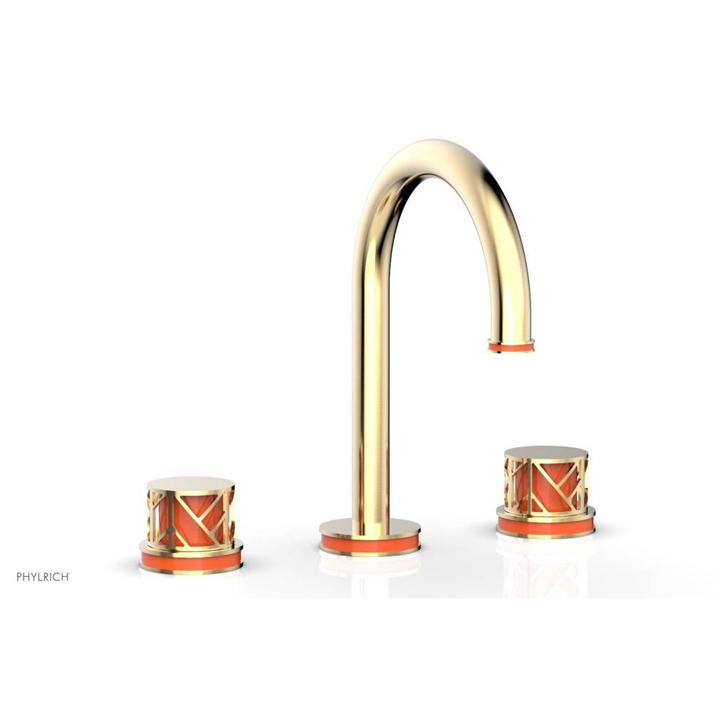 Phylrich Polished Chrome Jolie Widespread Lavatory Faucet With Gooseneck Spout, Round Cutaway Handles, And Orange Accents - 1.2GPM