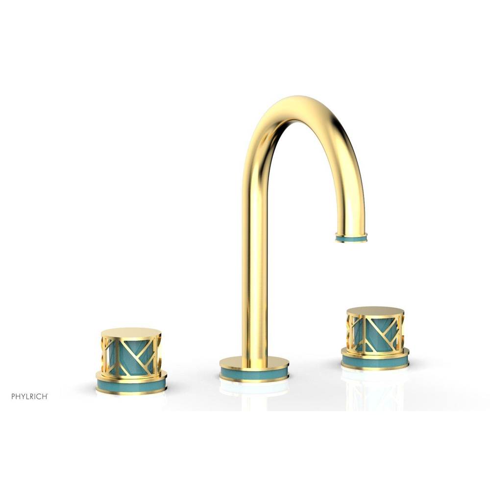 Phylrich Satin Chrome Jolie Widespread Lavatory Faucet With Gooseneck Spout, Round Cutaway Handles, And Turquoise Accents - 1.2GPM