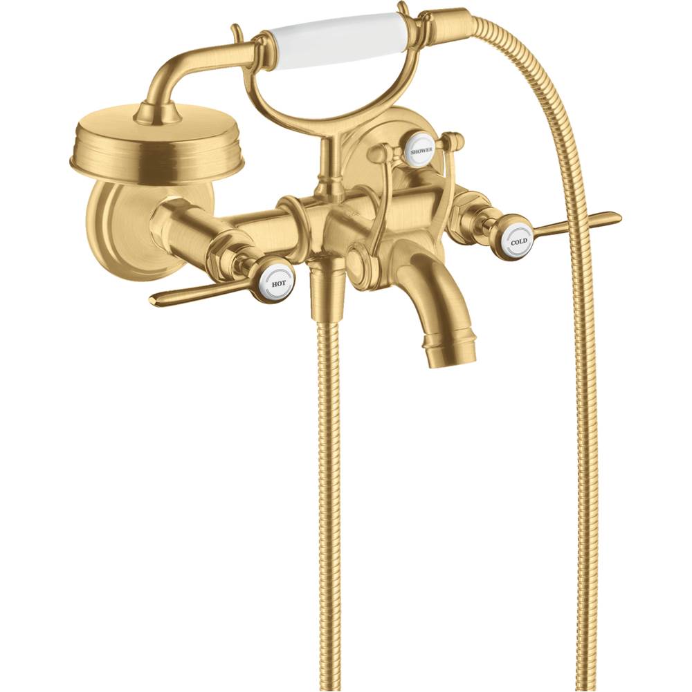 Axor Montreux 2-Handle Wall-Mounted Tub Filler with Lever Handles and 1.8 GPM Handshower in Brushed Gold Optic