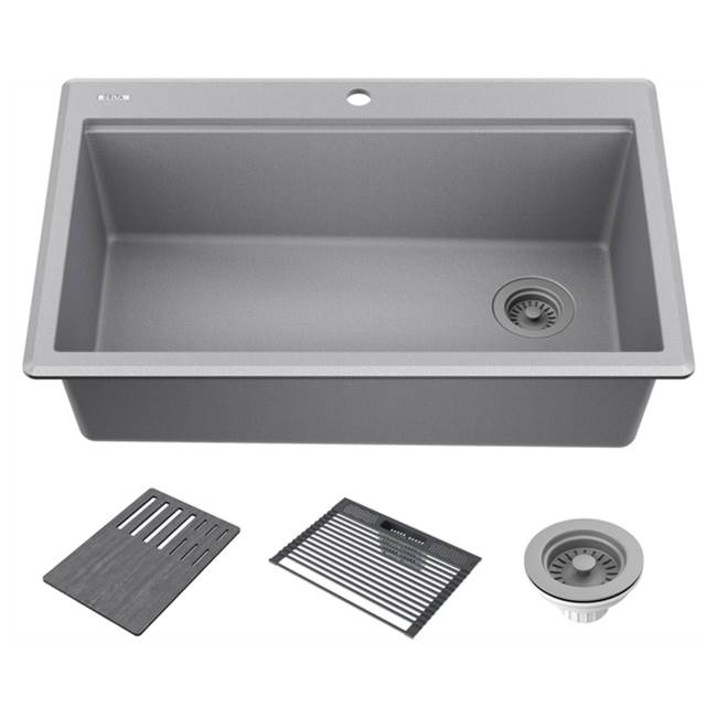 Delta Faucet DELTA® Everest™ 33'' Granite Composite Workstation Kitchen Sink Drop-In Top Mount Single Bowl with WorkFlow™ Ledge and Accessories in Dark Grey