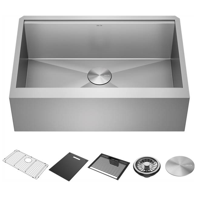 Delta Faucet Delta® Rivet™ 30'' Workstation Farmhouse Apron Front Kitchen Sink Undermount 16 Gauge Stainless Steel Single Bowl with WorkFlow™ Ledge and Accessories