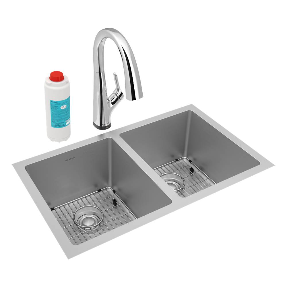 Elkay Crosstown 16 Gauge Stainless Steel, 30-3/4'' x 18-1/2'' x 10'' Equal Double Bowl Undermount Sink Kit with Filtered Faucet