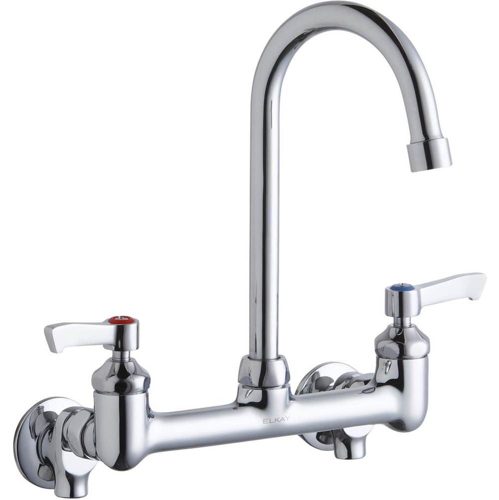 Elkay Scrub/Handwash 8'' Centerset Wall Mount Faucet with 5'' Gooseneck Spout 2'' Lever Handles 1/2 Offset InletsPlusStop