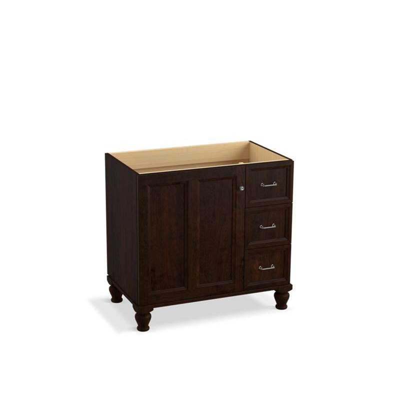 Kohler Damask® 36'' bathroom vanity cabinet with furniture legs, 1 door and 3 drawers on right