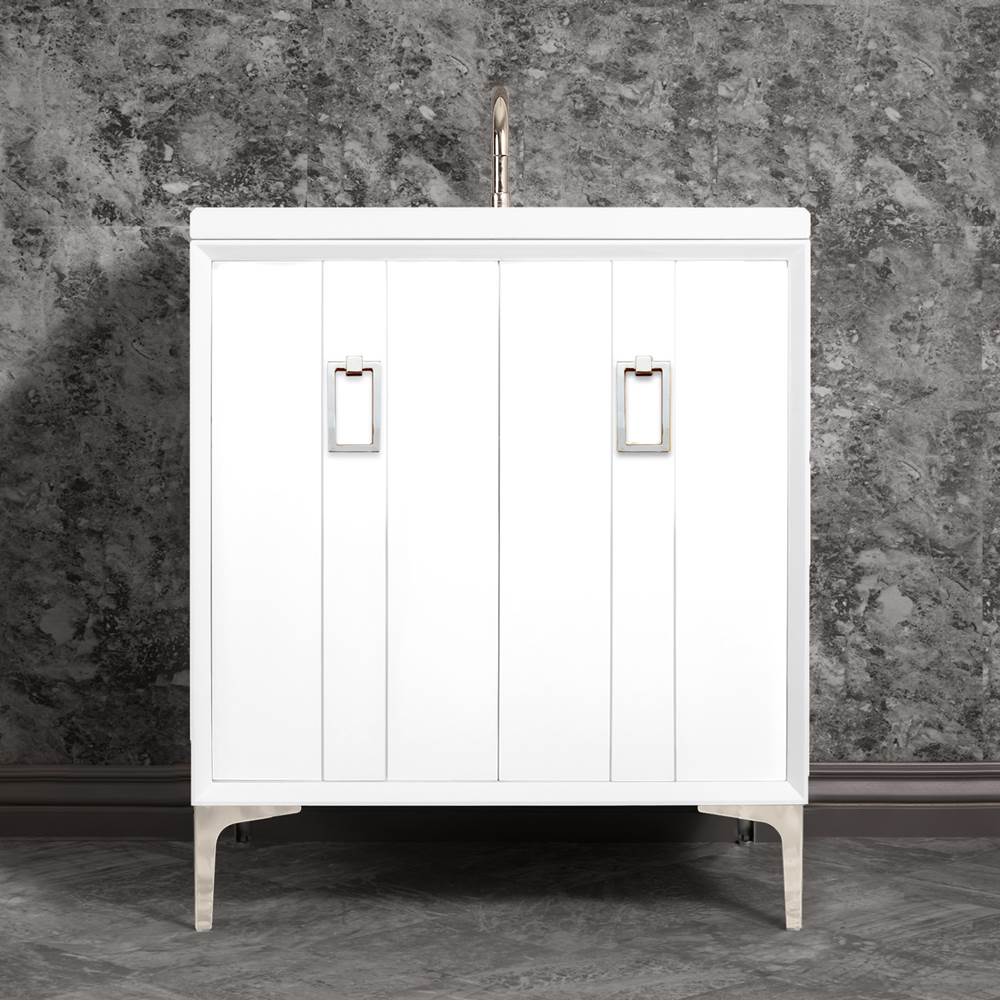 Linkasink Tuxedo 30'' Wide White Vanity with Polished Nickel Coach Pull and Hardware