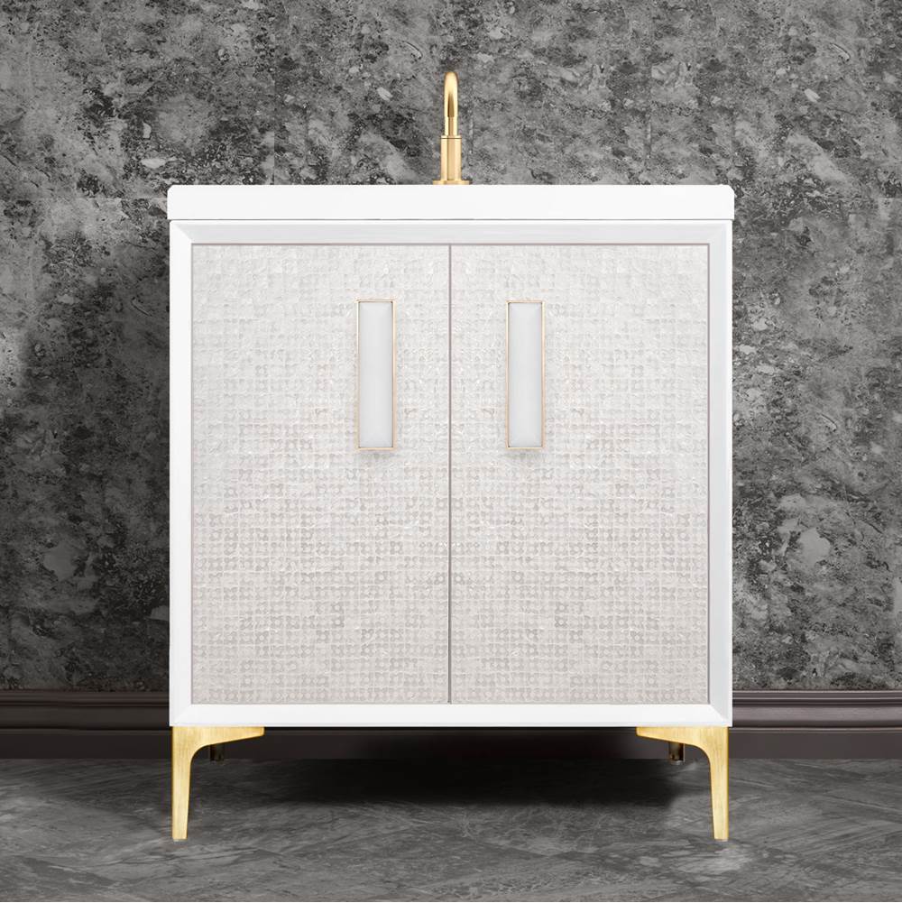 Linkasink MOTHER OF PEARL with 8'' Artisan Glass Prism Hardware 30'' Wide Vanity, White, Satin Brass Hardware, 30'' x 22'' x 33.5'' (without vanity top)