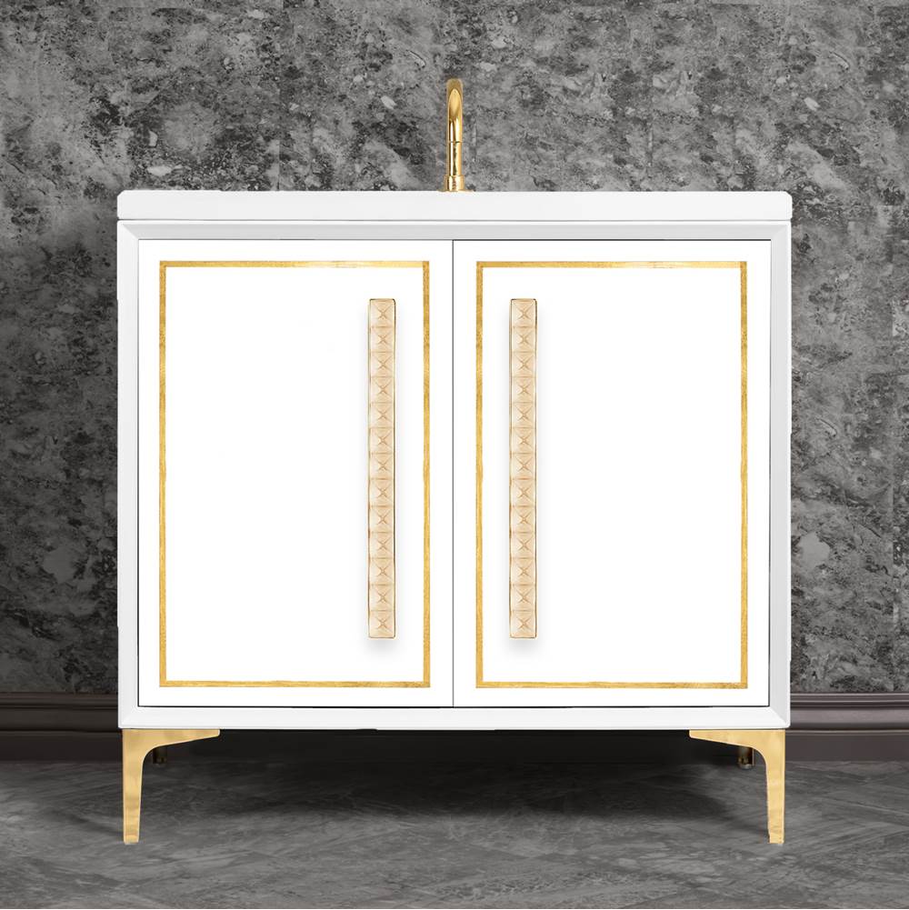 Linkasink LINEA with 18'' Artisan Glass Pyramid Hardware 36'' Wide Vanity, White, Polished Brass Hardware, 36'' x 22'' x 33.5'' (without vanity top)