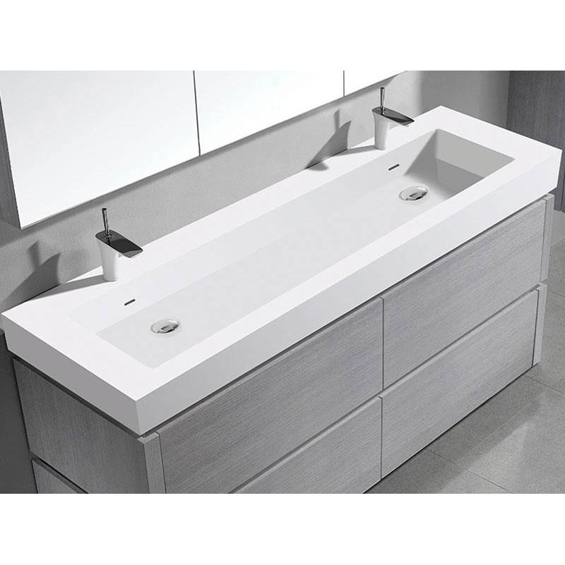 Madeli 22''D-Trough 72''W Solid Surface , Sink. Glossy White. 2-Bowls, 8'' Widespread. W/Overflow, Basin Depth: 5-3/4'', 71-3/8'' X 22-1/8'' X 4-1/2''