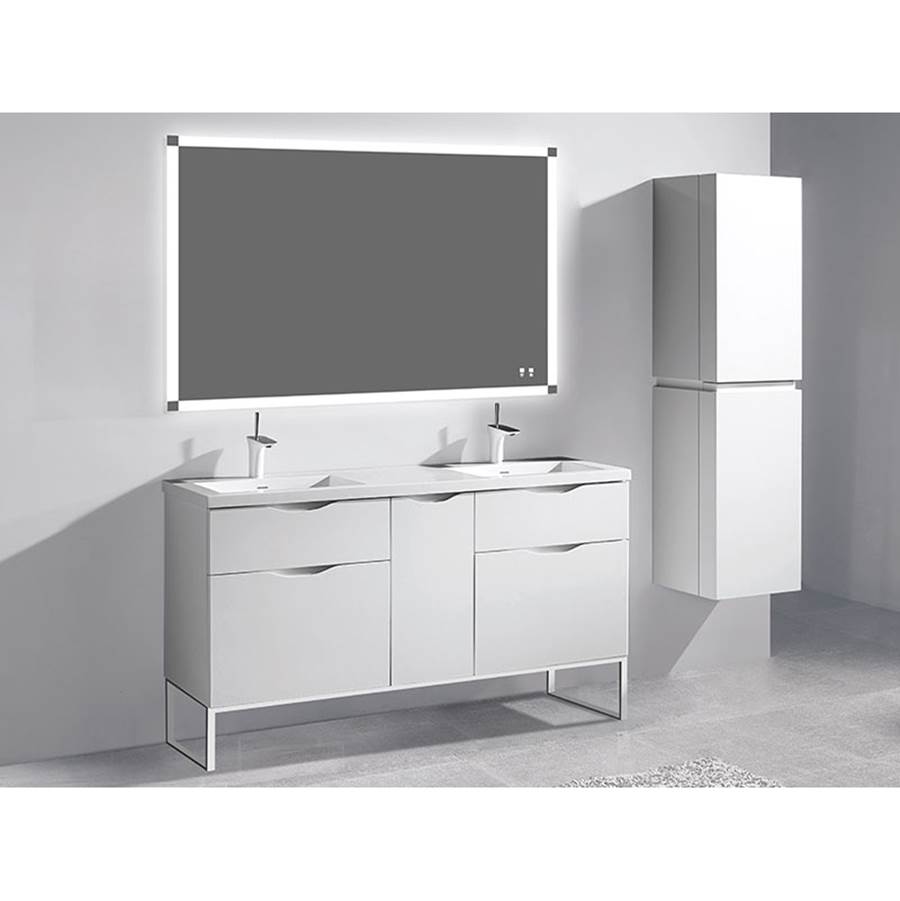 Madeli Milano 60''. White, Free Standing Cabinet. 2-Bowls, Polished Chrome C-Base (X1), 59-1/4''X 18''X 33-1/2''