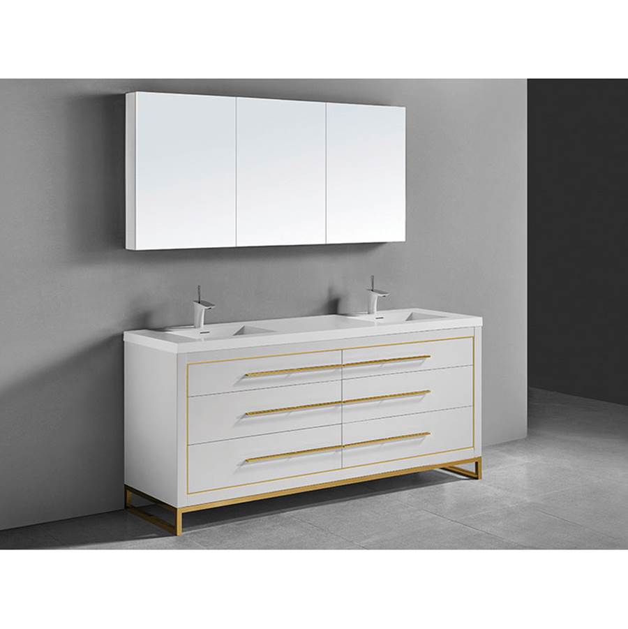 Madeli Estate 72''. White Free Standing Cabinet.2-Bowls Polished Chrome Handles(X6)/L-Legs(X4)/Inlay 71-5/8''X 22''X33-1/2''