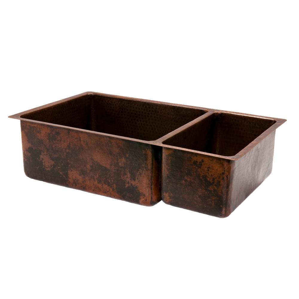 Premier Copper Products 33'' Hammered Copper Kitchen 75/25 Double Basin Sink