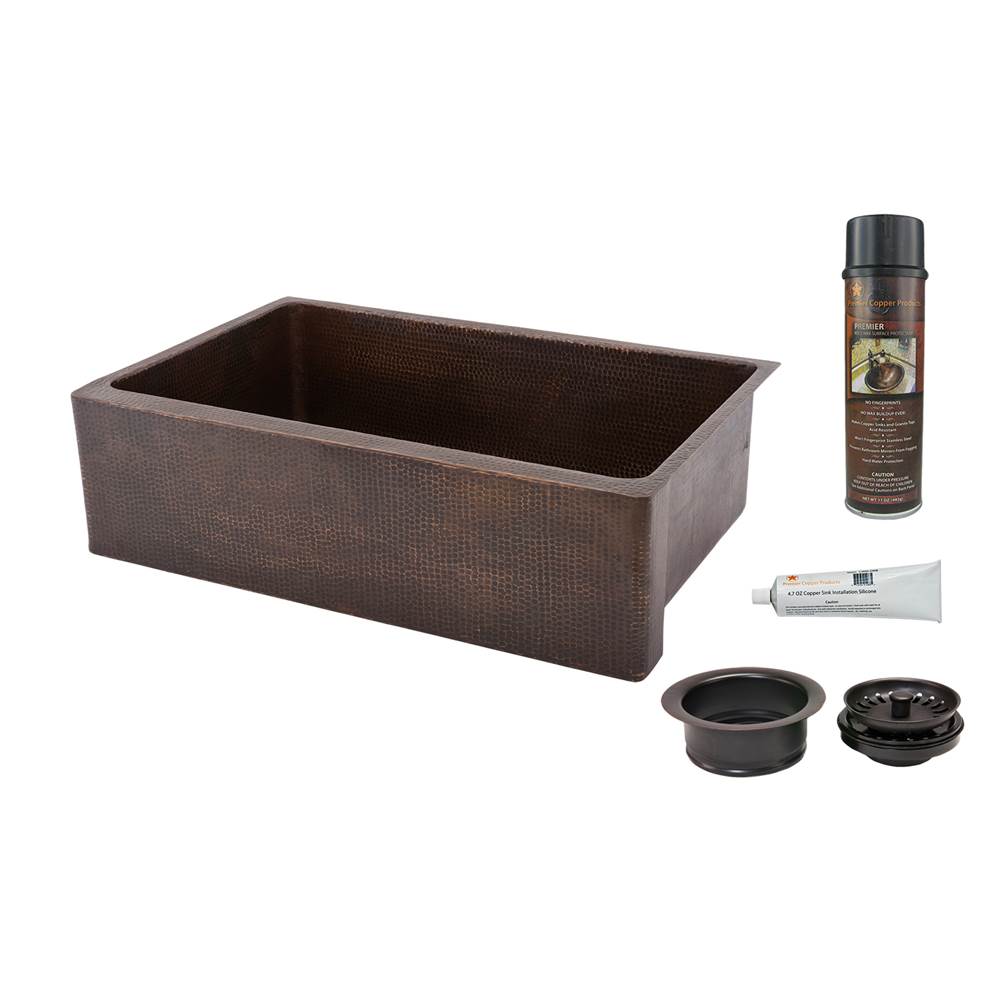 Premier Copper Products 33'' Hammered Copper Kitchen Apron Single Basin Sink with Matching Drain, and Accessories