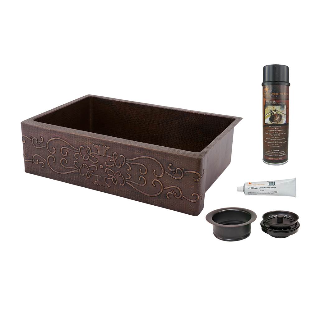 Premier Copper Products 33'' Hammered Copper Kitchen Apron Single Basin Sink w/ Scroll Design with Matching Drain and Accessories