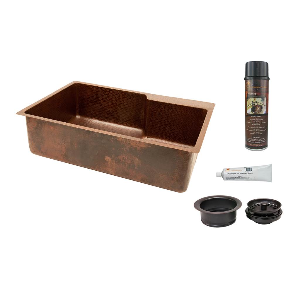 Premier Copper Products 33'' Hammered Copper Kitchen Single Basin Sink with Matching Drain and Accessories