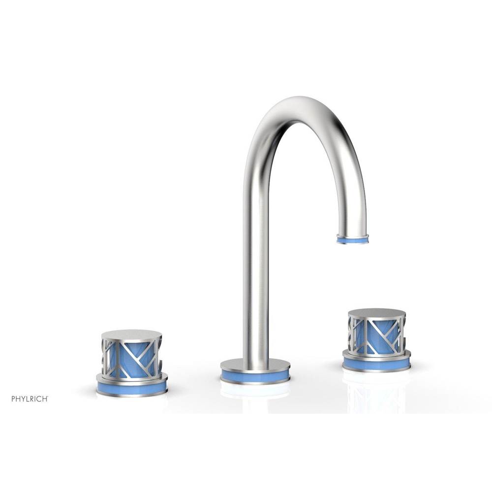 Phylrich Satin Brass Jolie Widespread Lavatory Faucet With Gooseneck Spout, Round Cutaway Handles, And Light Blue Accents - 1.2GPM