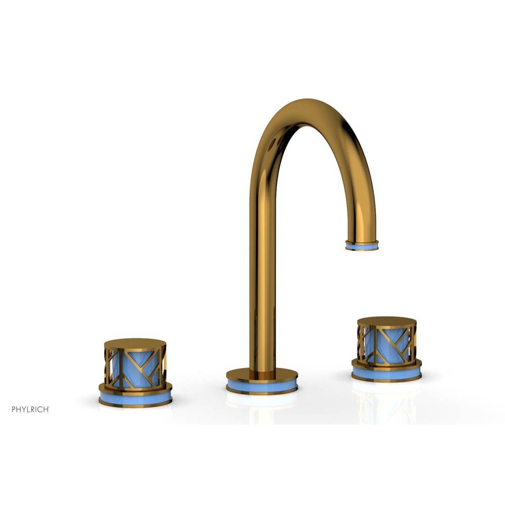 Phylrich Polished Gold Jolie Widespread Lavatory Faucet With Gooseneck Spout, Round Cutaway Handles, And Light Blue Accents - 1.2GPM
