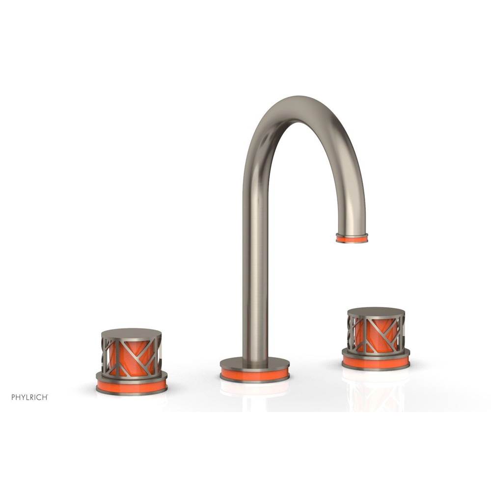 Phylrich Satin Chrome Jolie Widespread Lavatory Faucet With Gooseneck Spout, Round Cutaway Handles, And Orange Accents - 1.2GPM